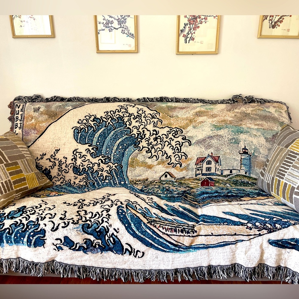 Great Wave Off Nubble Lighthouse York Beach Maine Woven Watercolor Blanket 80x60